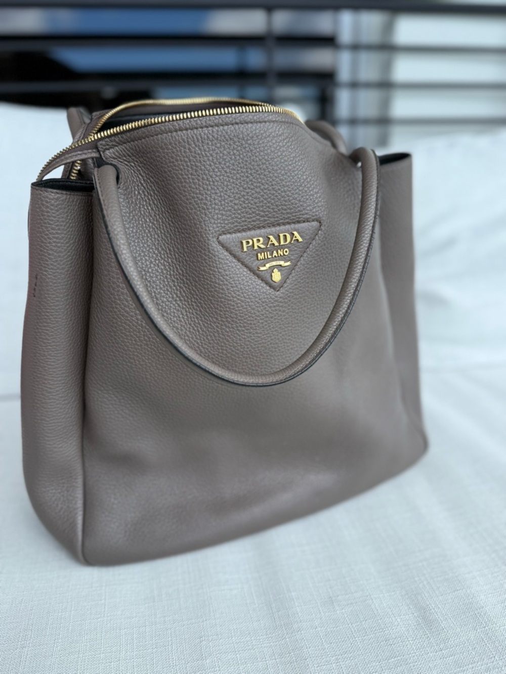 Prada Olive Taupe Pebbled Leather Tote with Gold Logo - Picture 2 of 4